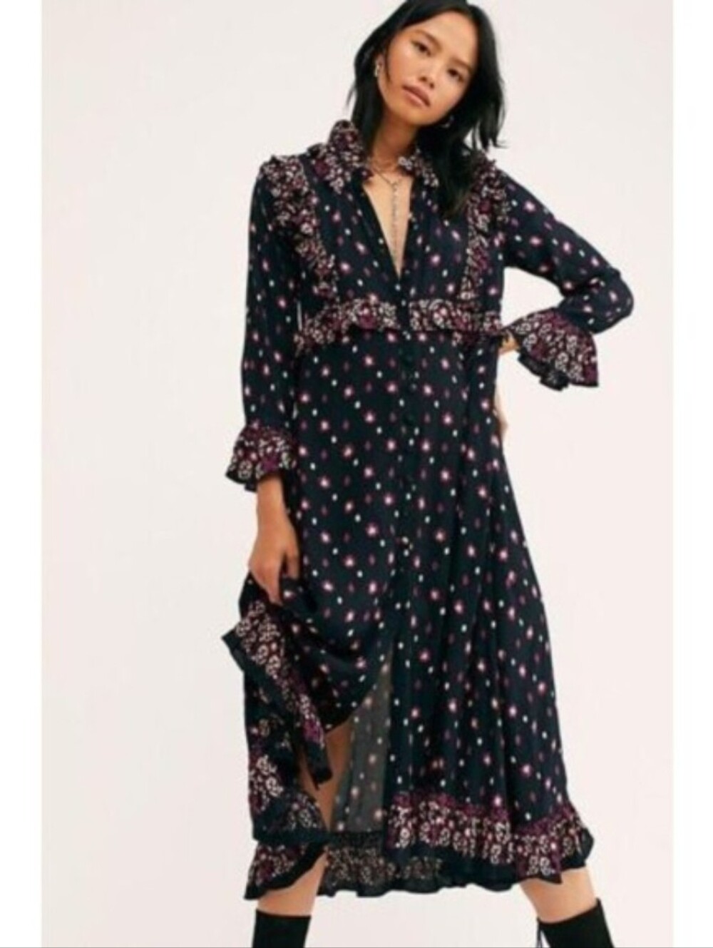 Free People Calico Skies Western Boho Maxi Dress Purple Black Size Medium
